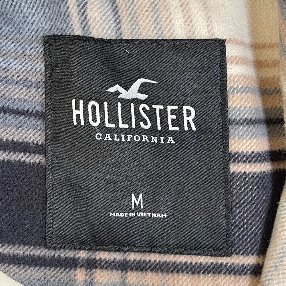 Hollister Plaid Double Breasted Trench Pea‎ Coat Womens M Beige Blue Gray Lined - Picture 7 of 10
